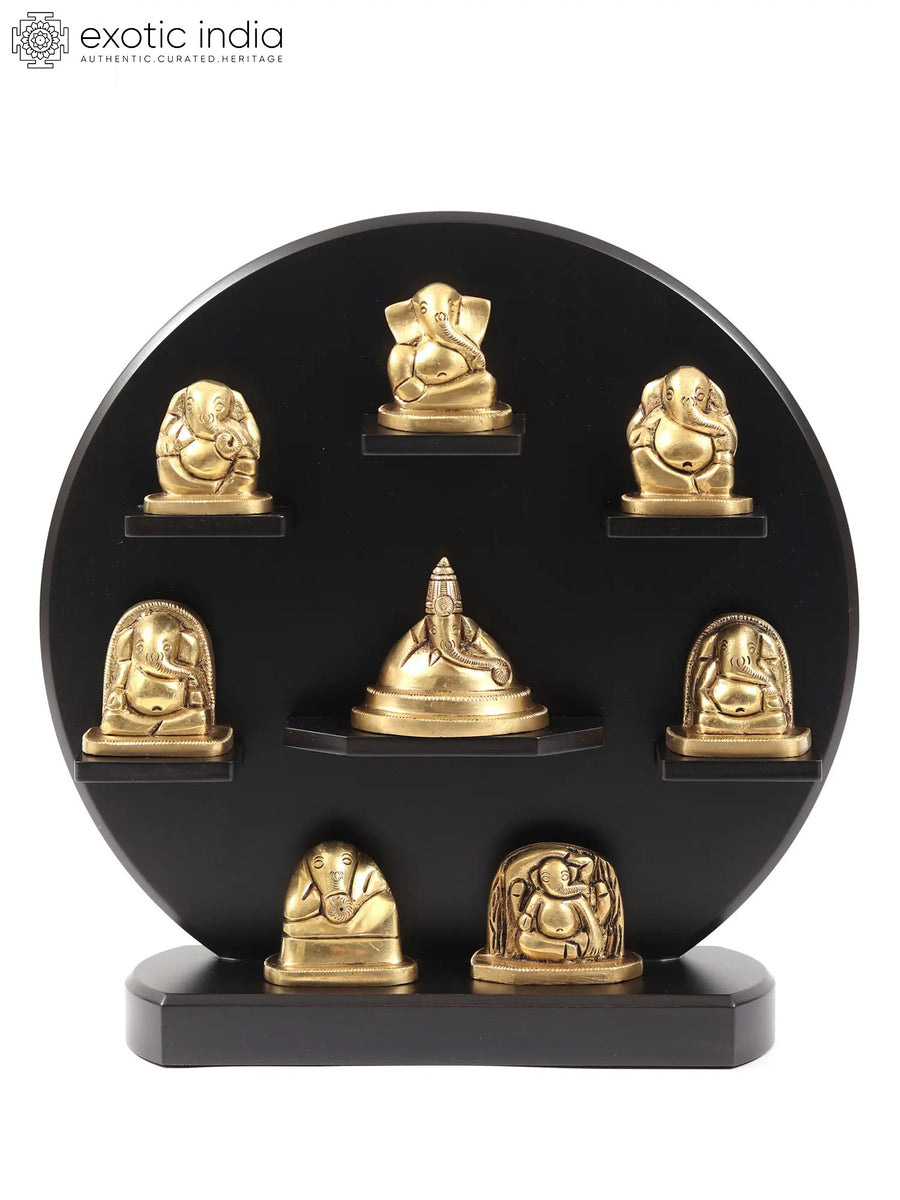 12" Ashtavinayak Brass Idols with Wooden Frame Wall Hanging