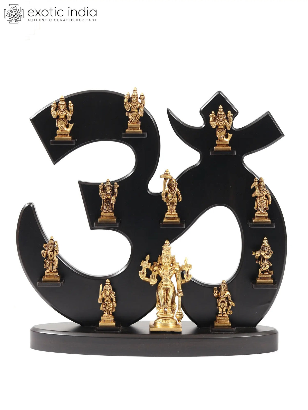 14" Brass Dashavatara Statue Set with Wooden Om Frame