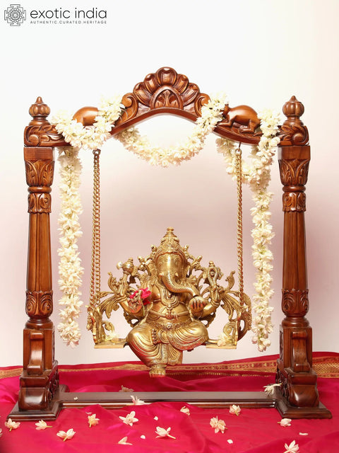 25" Lord Ganesha Brass Statue on a Wooden Swing