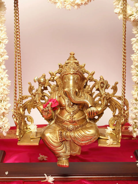 25" Lord Ganesha Brass Statue on a Wooden Swing