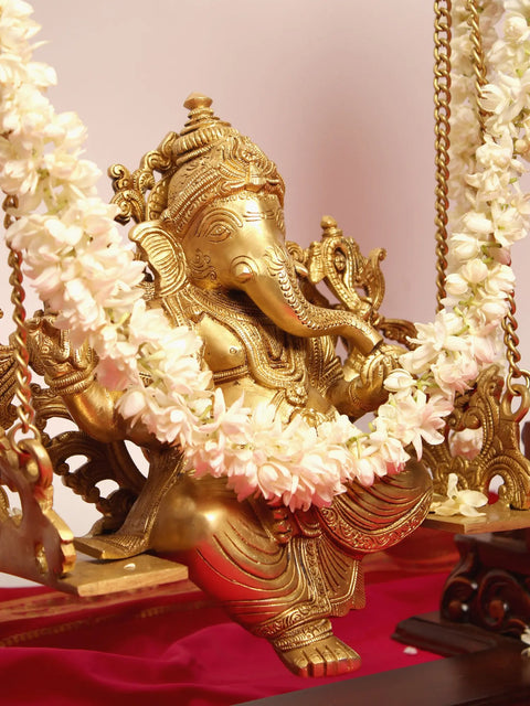 25" Lord Ganesha Brass Statue on a Wooden Swing