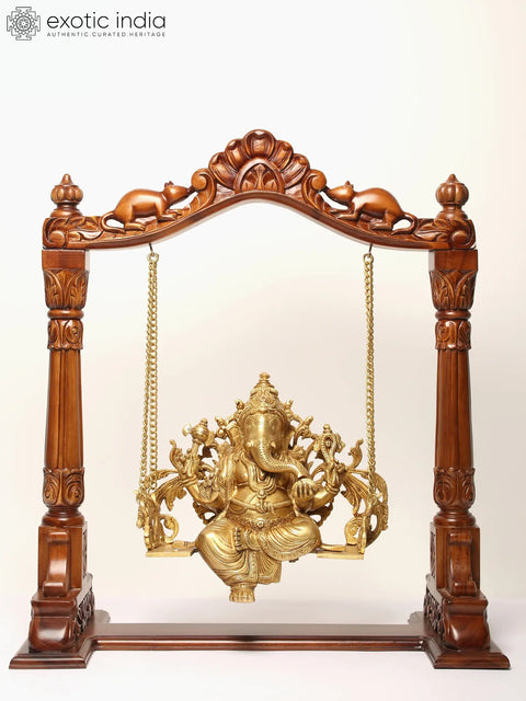 25" Lord Ganesha Brass Statue on a Wooden Swing