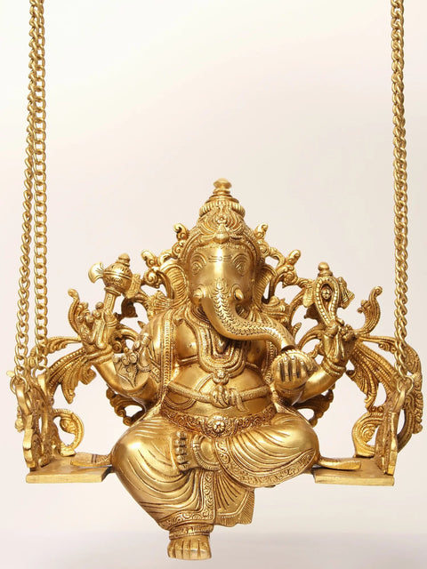 25" Lord Ganesha Brass Statue on a Wooden Swing