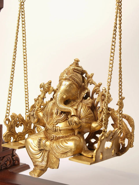 25" Lord Ganesha Brass Statue on a Wooden Swing
