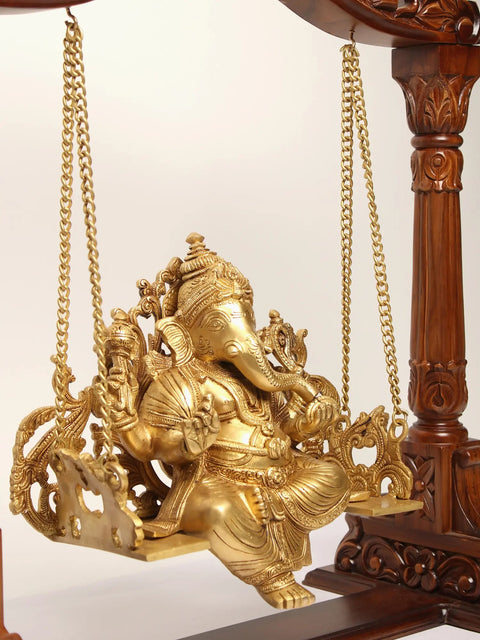 25" Lord Ganesha Brass Statue on a Wooden Swing