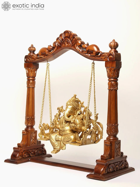 25" Lord Ganesha Brass Statue on a Wooden Swing