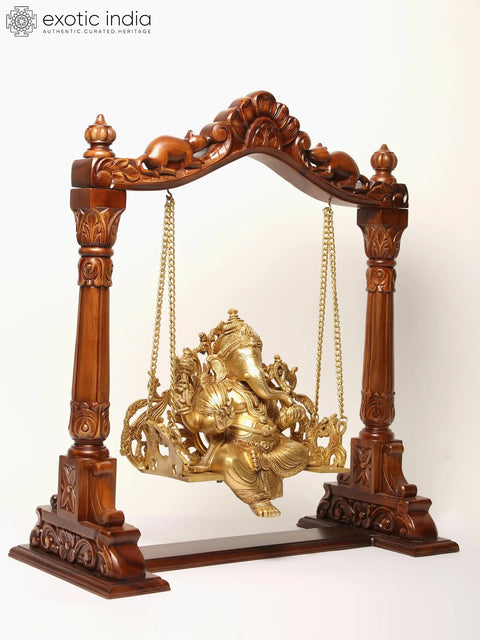 25" Lord Ganesha Brass Statue on a Wooden Swing