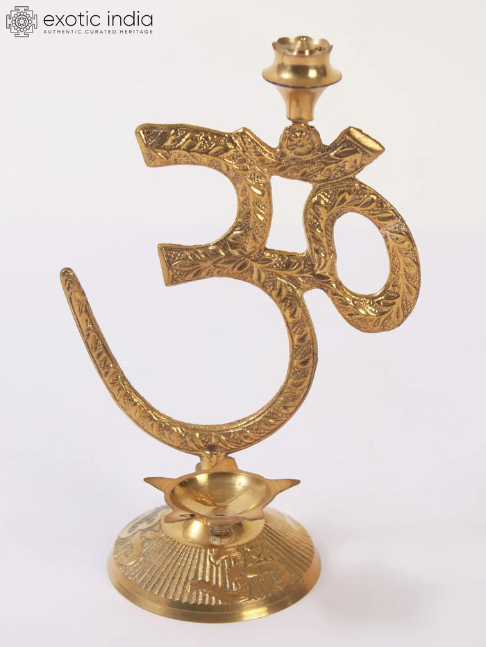 6" Brass Om Stand with Diya and Incense Holder for Pooja