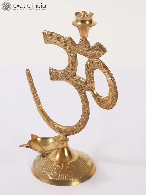 6" Brass Om Stand with Diya and Incense Holder