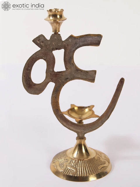 6" Brass Om Stand with Diya and Incense Holder