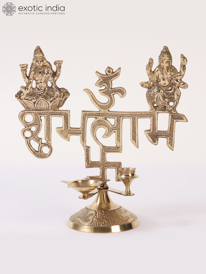 7" Brass Lakshmi Ganesh Shubh Labh Statue with Diya Holder