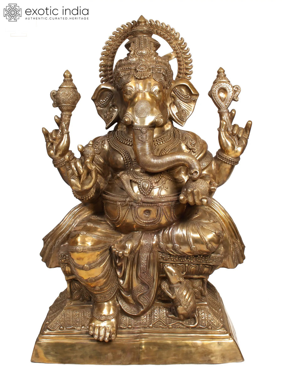 62" Large Chaturbhuja Ganesh Brass Statue Handmade