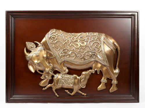 40" Wooden Framed Kamadhenu Cow and Calf Brass Wall Hanging
