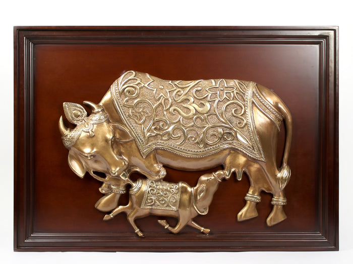 40" Large Wooden Framed Kamadhenu Cow and Calf in Brass | Wall Hanging