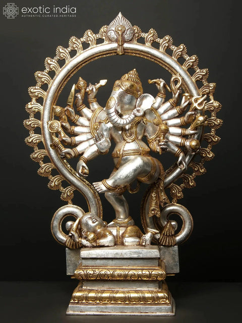 26" Gold and Silver Sixteen Armed Dancing Lord Ganesha Brass Statue