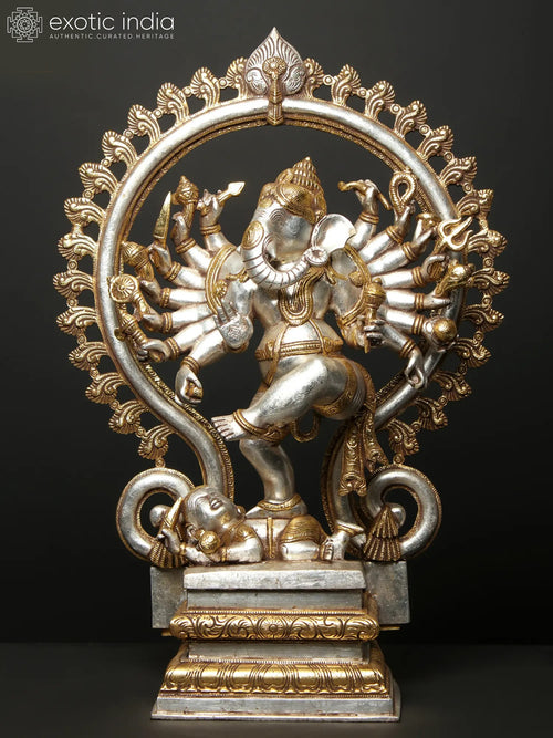 26" Sixteen Armed Dancing Ganesha Gold & Silver Brass Statue