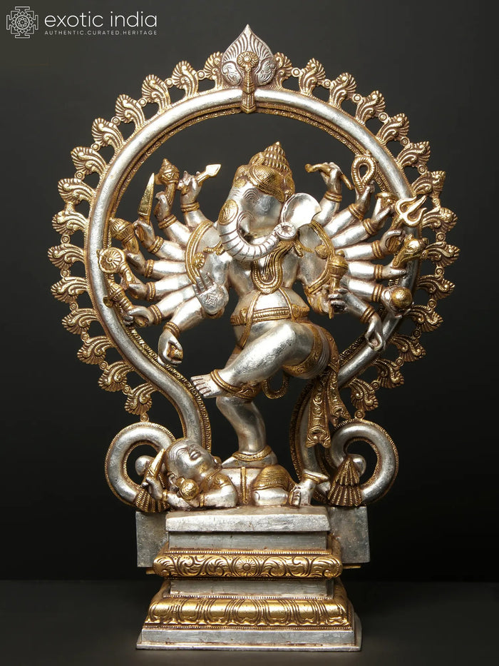 26" Sixteen Armed Dancing Ganesha Gold & Silver Brass Statue