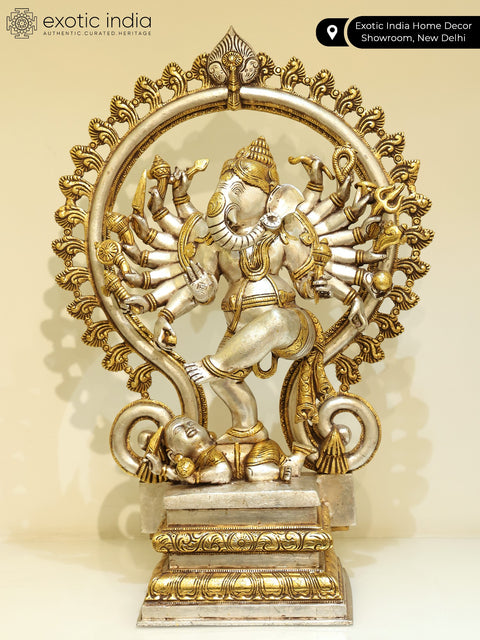 26" Gold and Silver Sixteen Armed Dancing Lord Ganesha Brass Statue