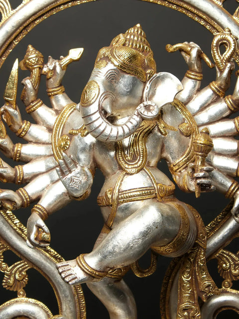 26" Gold and Silver Sixteen Armed Dancing Lord Ganesha Brass Statue