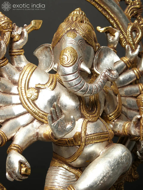 26" Gold and Silver Sixteen Armed Dancing Lord Ganesha Brass Statue