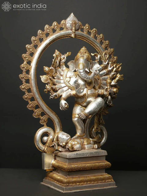 26" Gold and Silver Sixteen Armed Dancing Lord Ganesha Brass Statue