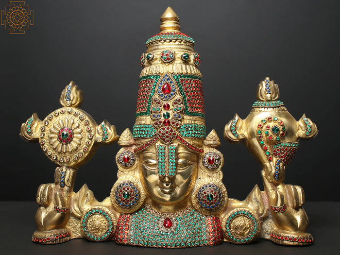 19" Brass Tirupati Balaji (Venkateshvara) Bust with Stone Work