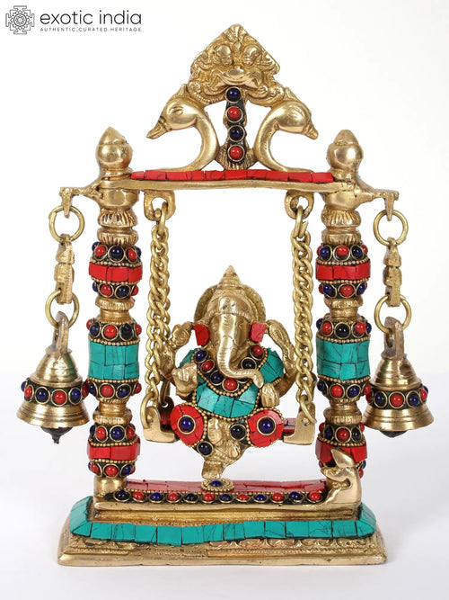 9" Lord Ganesha on Swing Brass Statue with Bells and Inlay Work