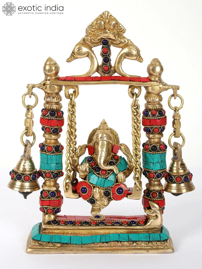 9" Lord Ganesha on Swing Brass Statue with Bells and Inlay Work