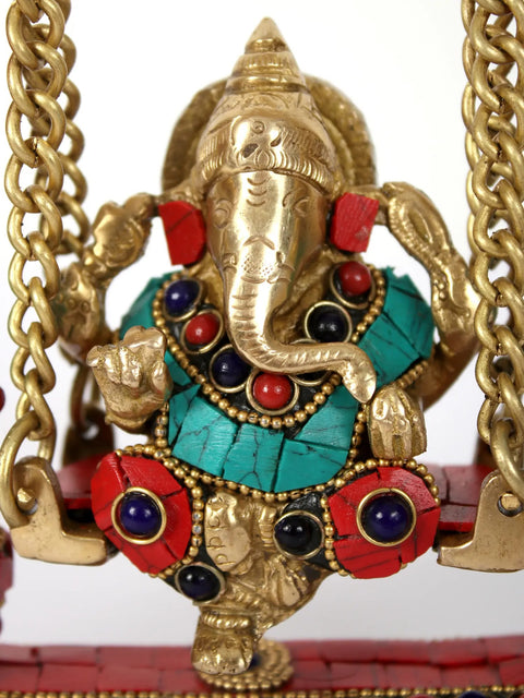 9" Lord Ganesha on Swing With Bells | Brass Statue with Inlay Work