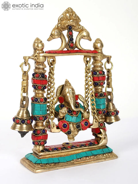 9" Lord Ganesha on Swing With Bells | Brass Statue with Inlay Work