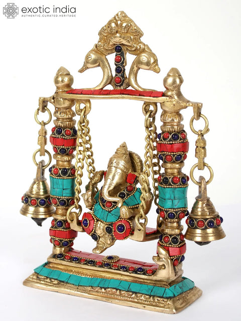9" Lord Ganesha on Swing With Bells | Brass Statue with Inlay Work