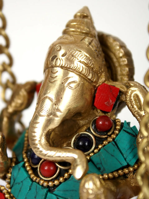 9" Lord Ganesha on Swing With Bells | Brass Statue with Inlay Work