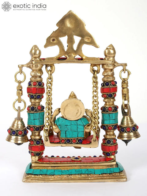 9" Lord Ganesha on Swing With Bells | Brass Statue with Inlay Work