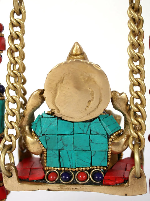 9" Lord Ganesha on Swing With Bells | Brass Statue with Inlay Work