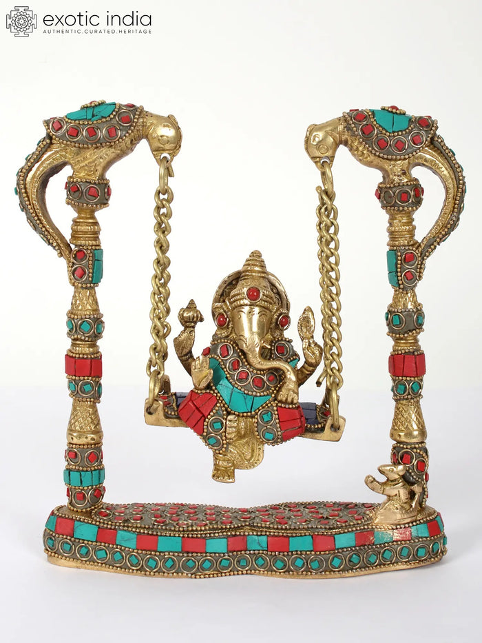 Lord Ganesha on Peacock Swing Brass Statue with Inlay