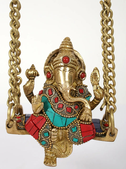 Lord Ganesha on Peacock Swing | Brass Statue with Inlay Work