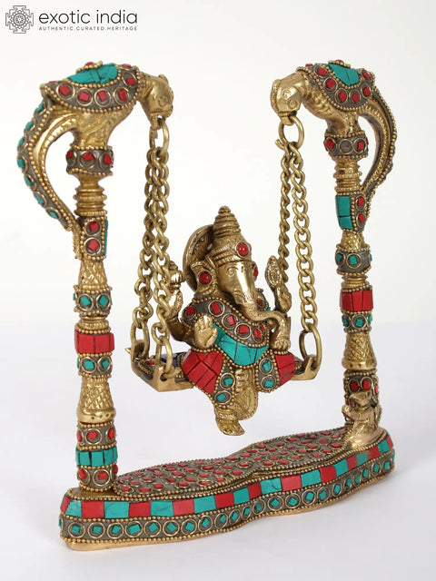 Lord Ganesha on Peacock Swing | Brass Statue with Inlay Work