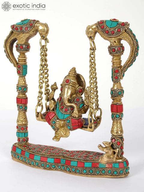 Lord Ganesha on Peacock Swing | Brass Statue with Inlay Work