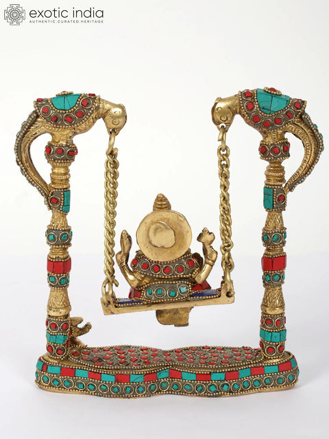 Lord Ganesha on Peacock Swing | Brass Statue with Inlay Work
