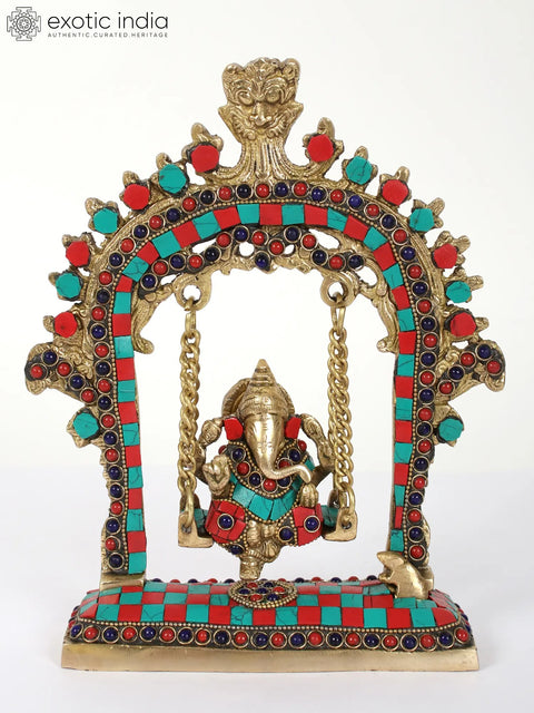 9" Brass Lord Ganesha on Kirtimukha Swing | Inlay Art