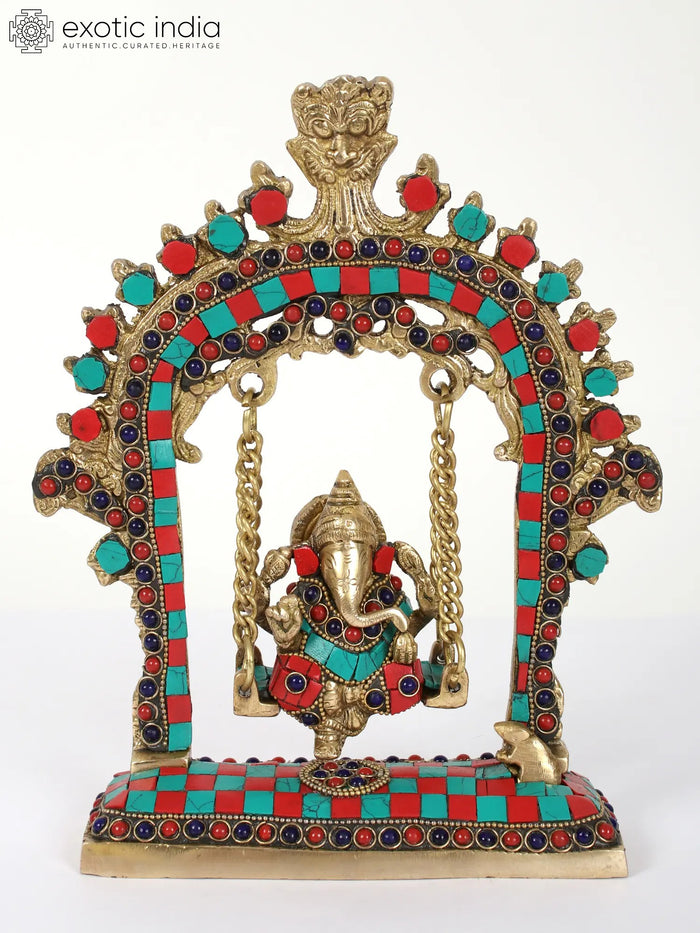 9" Brass Lord Ganesha on Kirtimukha Swing Statue