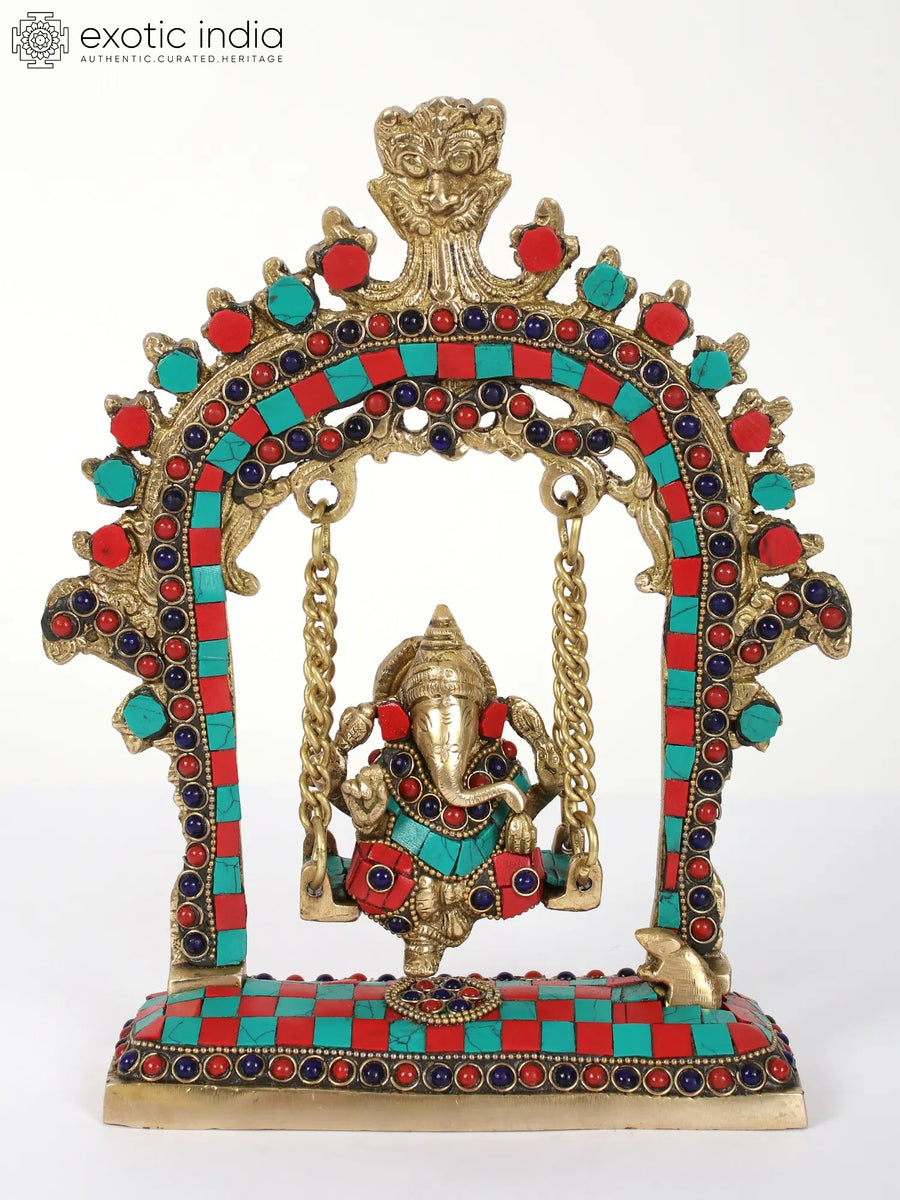 9" Brass Lord Ganesha on Kirtimukha Swing Statue