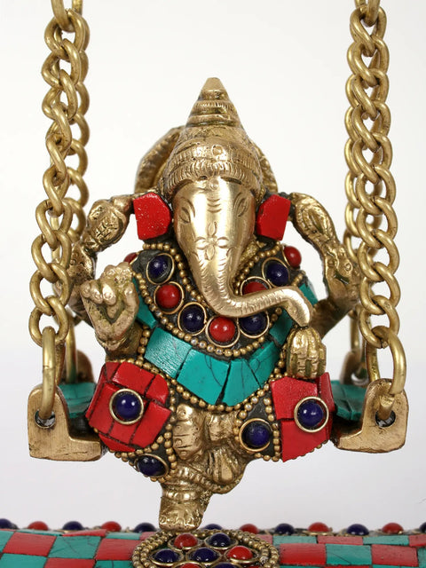 9" Brass Lord Ganesha on Kirtimukha Swing | Inlay Art