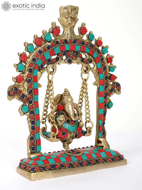 9" Brass Lord Ganesha on Kirtimukha Swing | Inlay Art