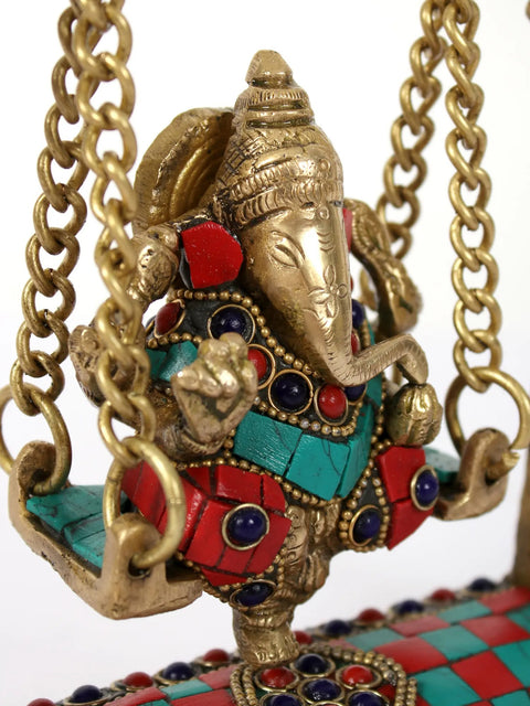 9" Brass Lord Ganesha on Kirtimukha Swing | Inlay Art