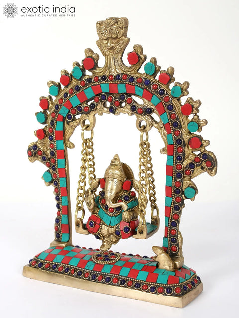 9" Brass Lord Ganesha on Kirtimukha Swing | Inlay Art
