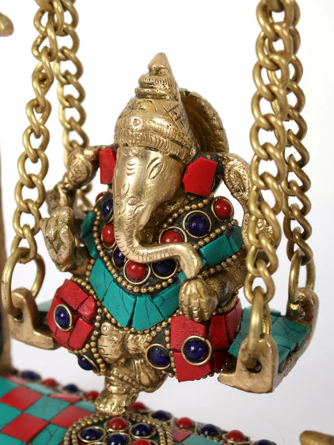 9" Brass Lord Ganesha on Kirtimukha Swing | Inlay Art