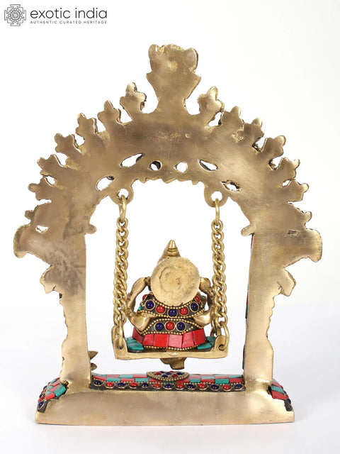 9" Brass Lord Ganesha on Kirtimukha Swing | Inlay Art