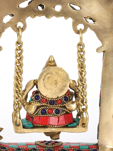 9" Brass Lord Ganesha on Kirtimukha Swing | Inlay Art