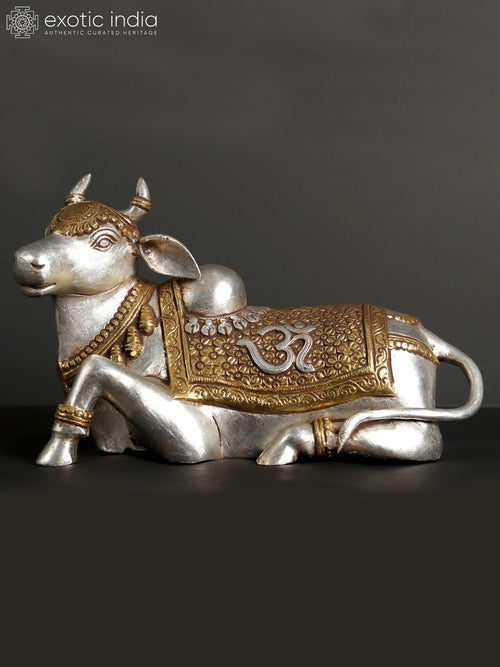 13" Silver and Gold Brass Nandi Statue for Pooja